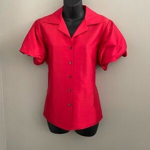 Ralph Lauren Red Silk Button Up Puff Sleeves Shirt